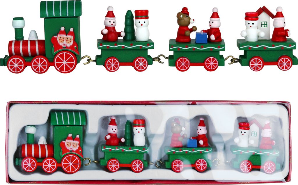 Domarex Hölzerne Weihnachtsbahn mit Lokomotive und 3 Waggons – Dekorative Weihnachtsdekoration für Zuhause, 21 x 5 cm – Grün