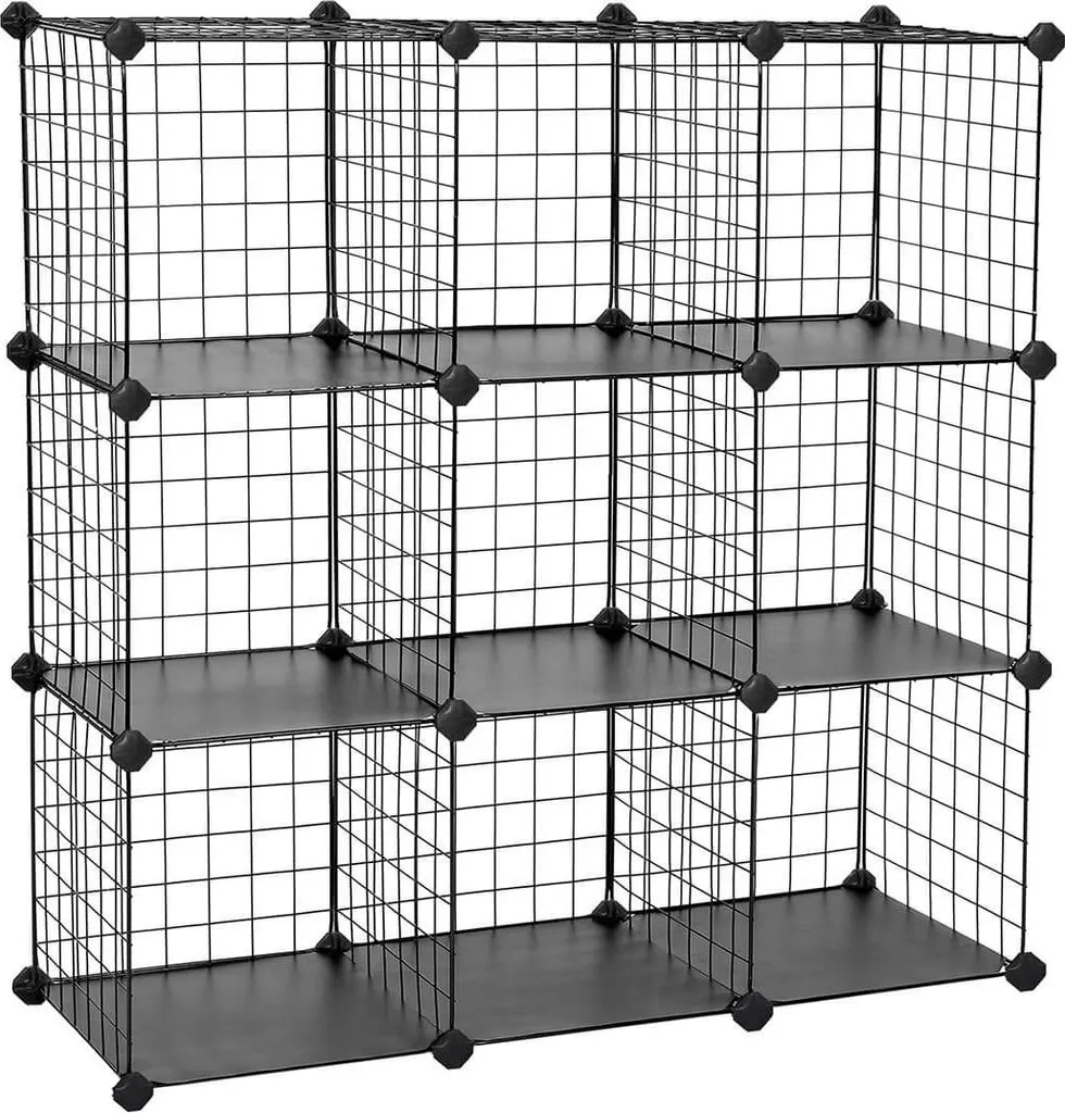Système d'étagères sans vis avec 9 cubes grillagés en métal modulable