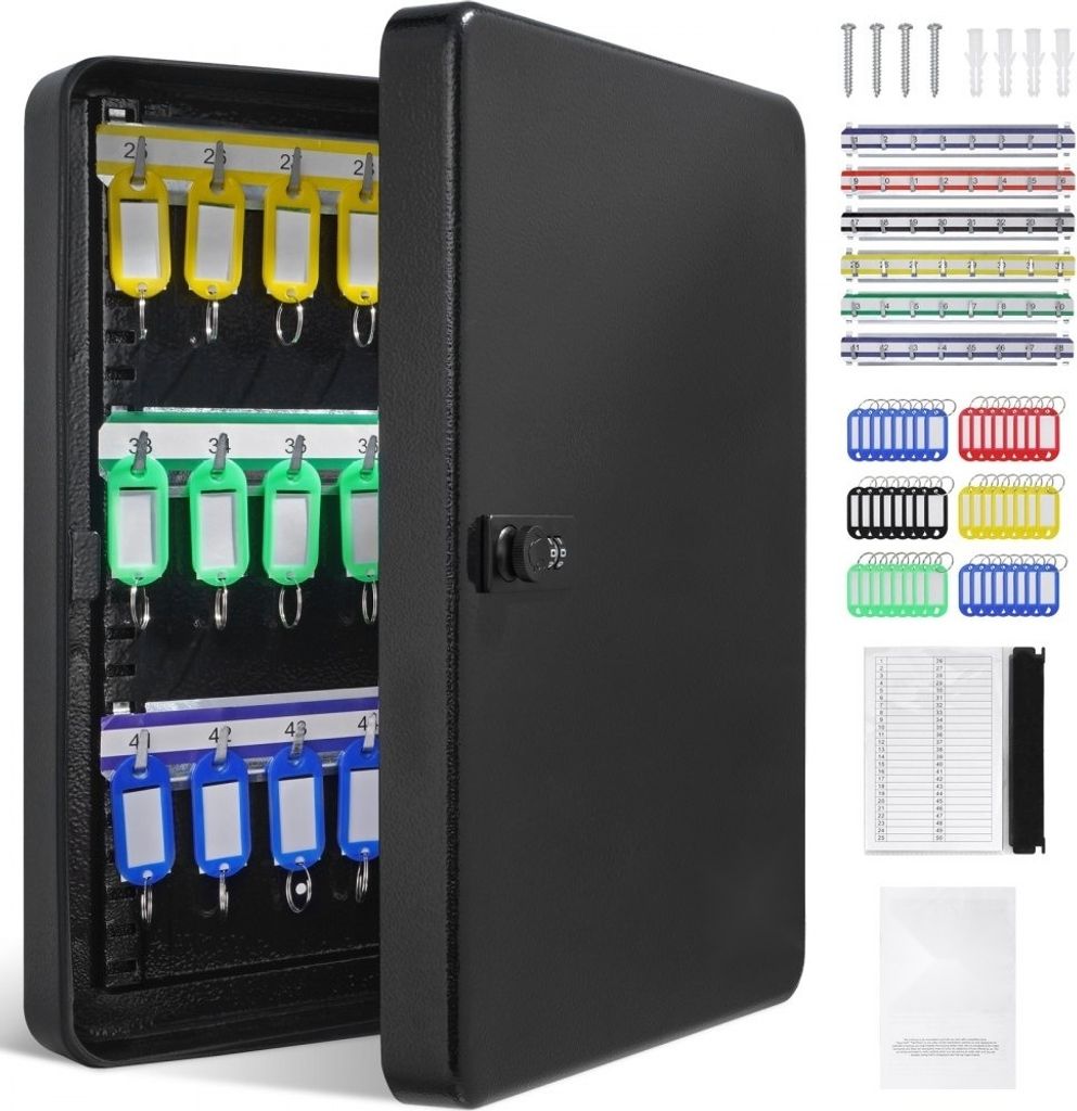 Schlüsselschrank 48 Schlüssel - Schwarz, Abschließbar, Einstellbar - 6 Schlüsselhalter, 2 Schlüsseln, 1 Karteikarte