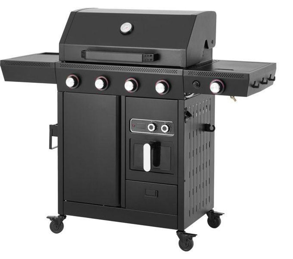 Gasgrill – Garraum – Heißluftgrill – 4 Brenner – Heißluftfritteusenfunktion – Stahl-Feuerraum – Emaillierte Gusseisen-Grillroste