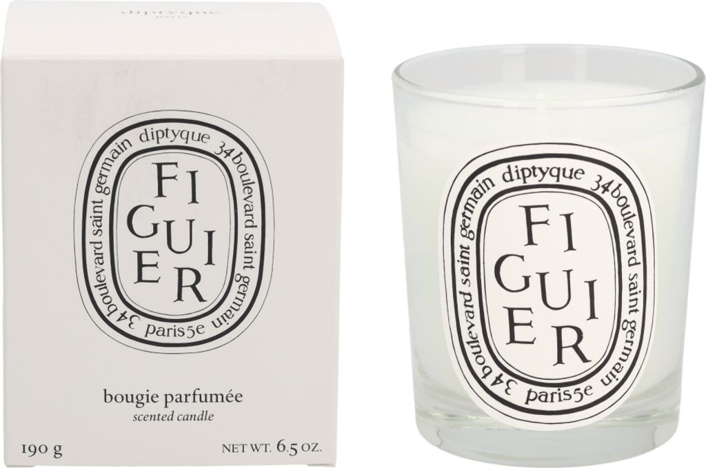 A Diptyque Figuier scented candle and its packaging are shown side-by-side against a white background.
