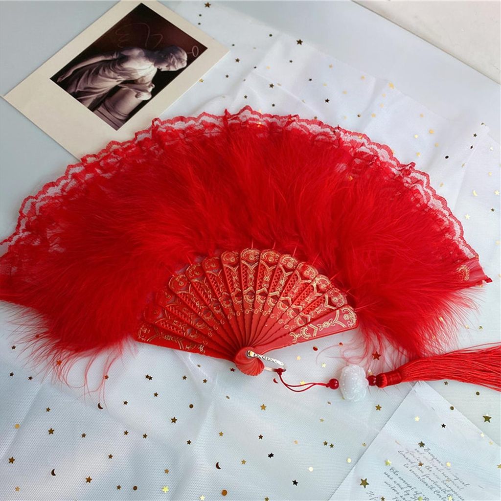 Faltfächer im Vintage-Stil mit Federspitze und Quasten, tragbarer Handfächer für den Sommer, Dekoration, Tanz-Performance-Requisiten, Party-Zube...