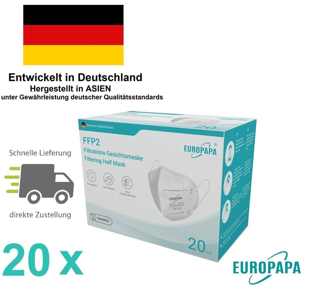 EUROPAPA 20x FFP2 Atemschutzmaske – 5-Lagen Produktbild 