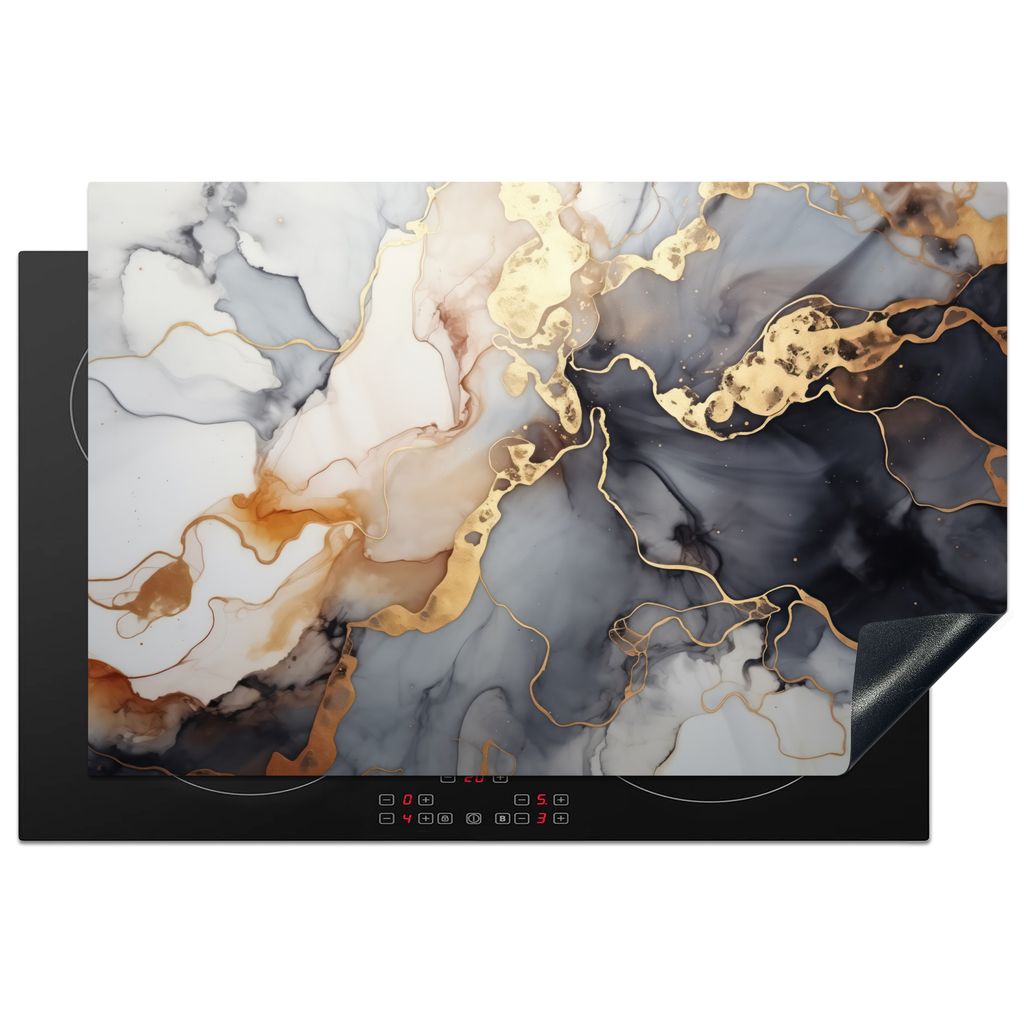 KitchenYeah Herdabdeckplatte Marmor - Schwarz - Gold - Weiß , 80x52cm, Küche Deko, Glaskeramikkochfeld Herdabdeckung, Abdeckplatte fùr Kochfeld