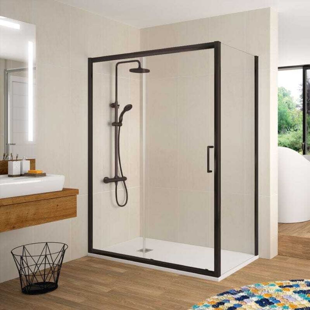 Duschwand mit Schiebetür BELLA - 125 cm mit Seitenstück: 77 - 79 cm Glas 6mm schwarz