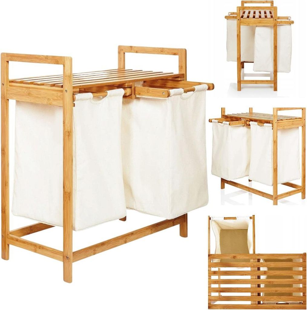 Multiple views of a bamboo laundry basket with two fabric bags and a shelf.
