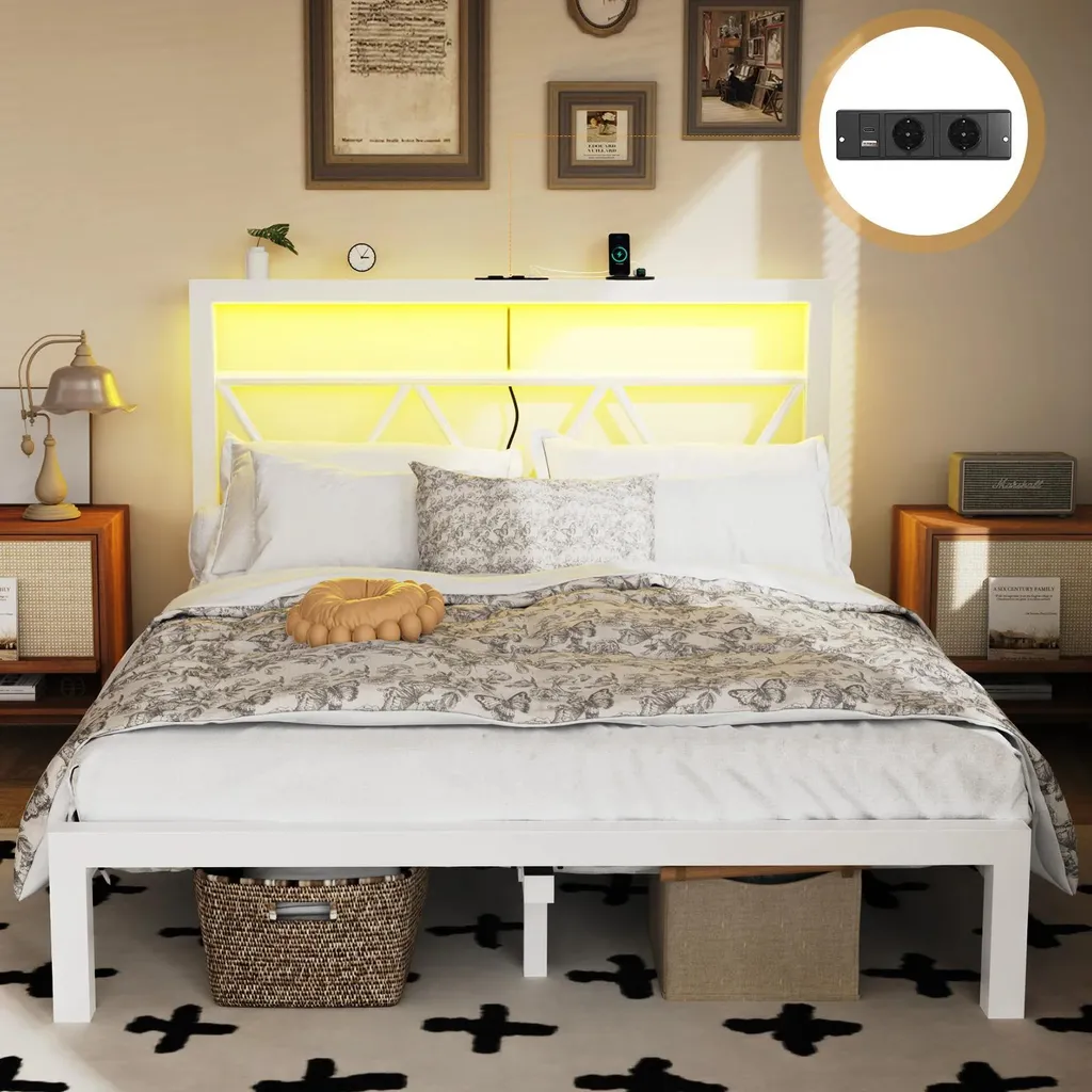 Lit 160x200 cm pour chambre adulte - Style industriel avec LED et USB