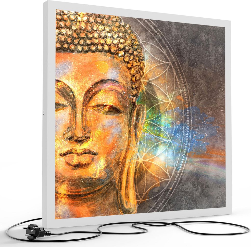 DEQORI LED-Bild & Lampe 60x60 cm Weiß 'Meditierender Buddha' Leuchtbild LED Leuchte