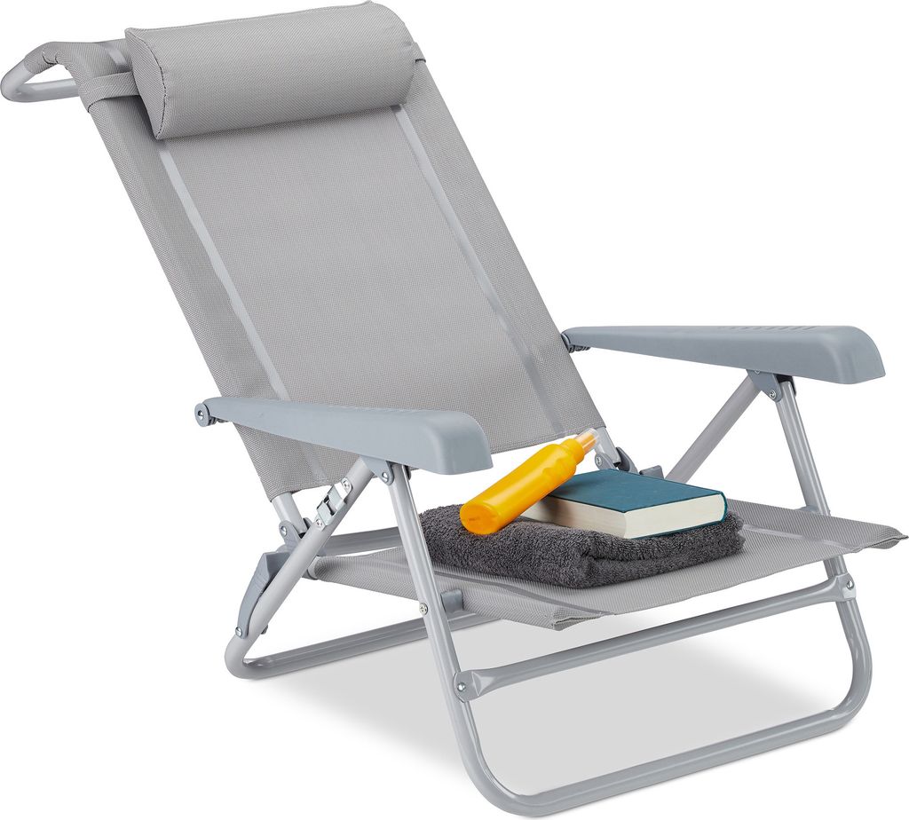 Relaxdays Liegestuhl klappbar, Nackenkissen, Flaschenöffner, 8-stufig verstellbar, bis 120 kg, Kunststoff, Stahl, grau