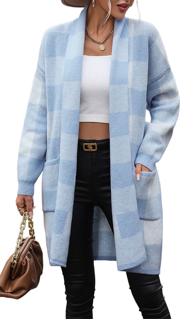 ASKSA Damen Cardigan Karierter Farbblockstrick Strickpullover Elegante Strickjacke Oberbekleidung, Blau, S