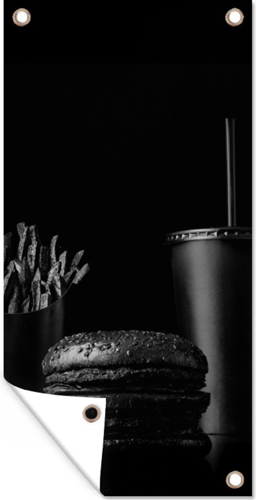 MuchoWow 40x80 cm Outdoor-Poster Gartendeko Sichtschutz Garten Poster für den Garten Fastfood-Mahlzeit mit Burger und Pommes frites in Schwarz-...