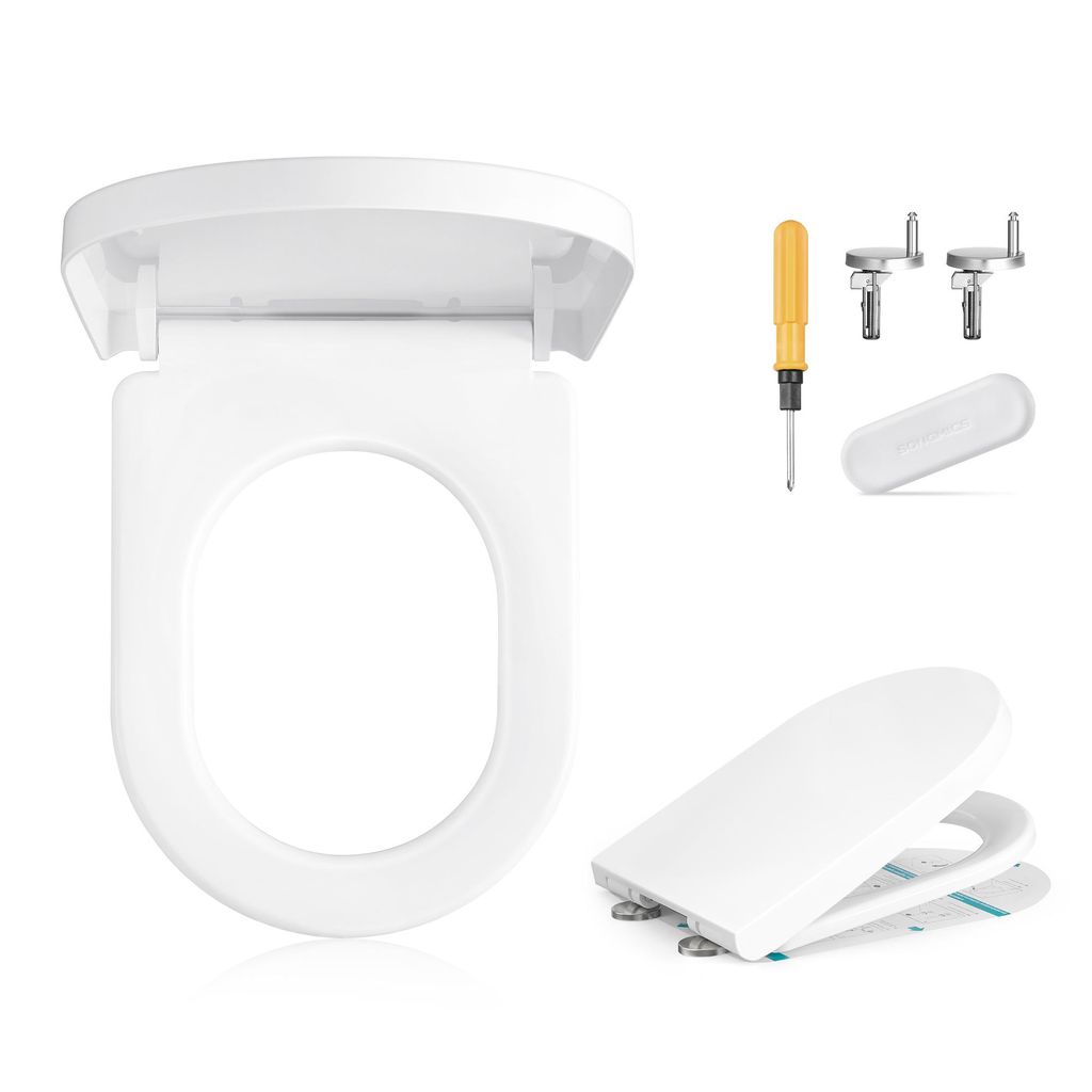 SONGMICS WC-Sitz lange D-Form, Absenkautomatik, Toilettendeckel, Griff, PP-Kunststoff, einfache Montage, bis 300 kg, weiß