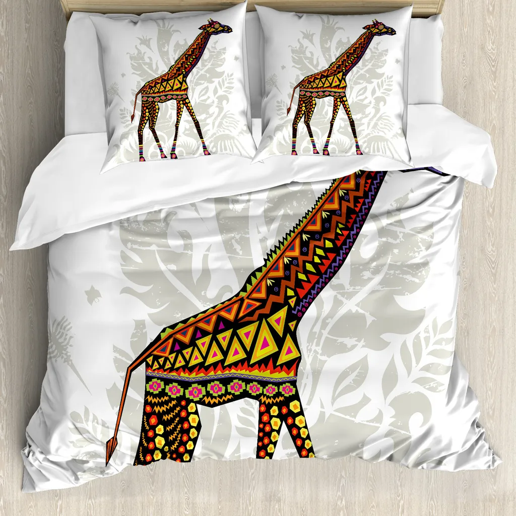 ABAKUHAUS Set copripiumino giraffa per letti matrimoniali, animali africani etnici, antiacaro, adatto a chi soffre di allergie, con federe, multicolore