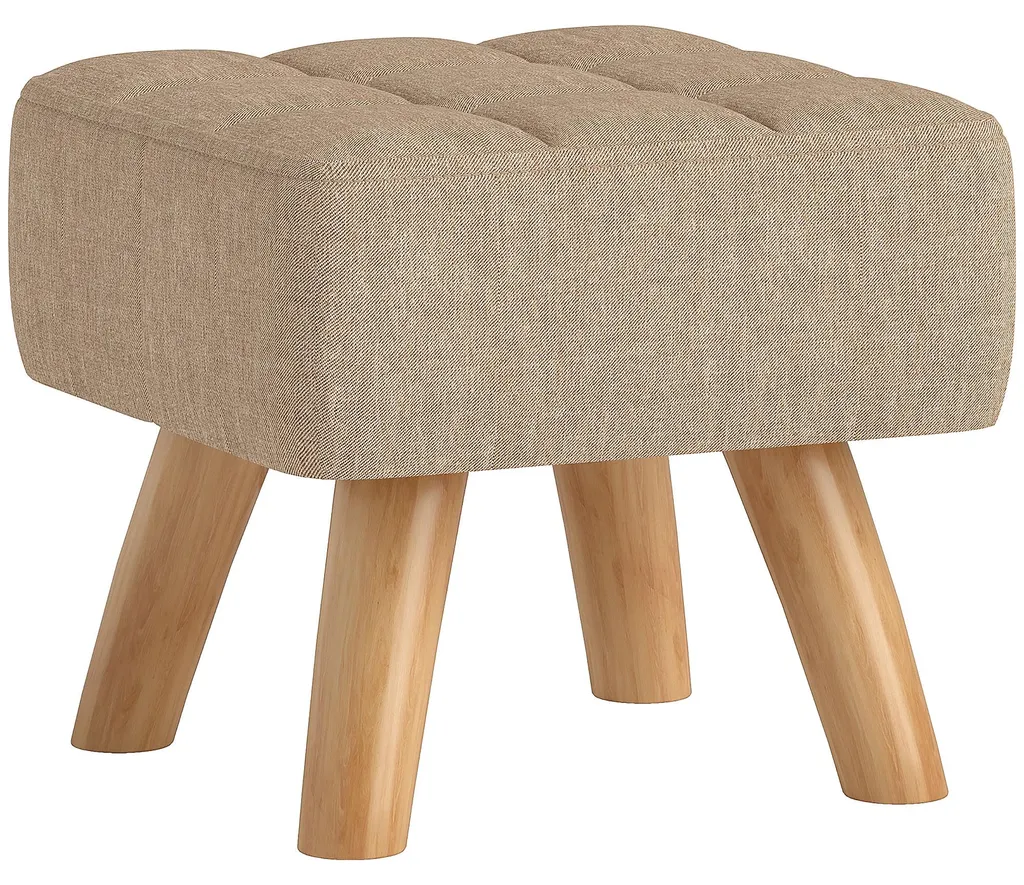 Ottoman en tissu marron clair avec assise rembourrée et pieds bois