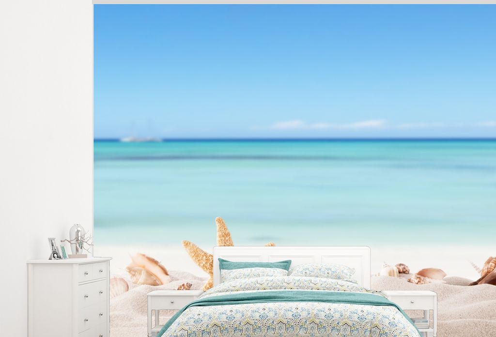 MuchoWow Fototapete für Wohnzimmer oder Schlafzimmer Wandtapete Vinyl Motivtapete Strand - Meer - Muscheln - Seesterne - 375x300 cm - Tapezierpa...
