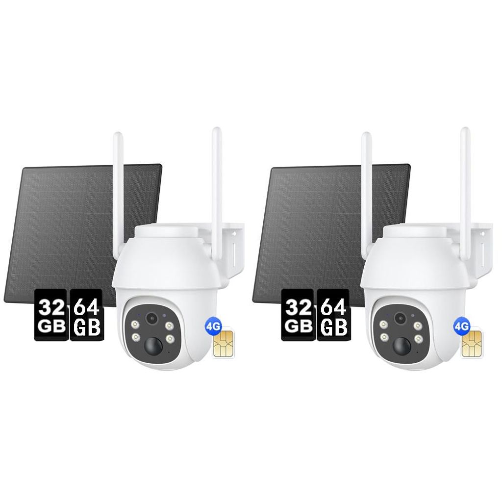 2PCS 4G LTE Überwachungskamera Aussen Solar mit SIM Karte-2K HD 3MP PTZ Kabellos Kamera Ohne WLAN Outdoor Akku, 355°/90° Schwenkbar 32&64GB