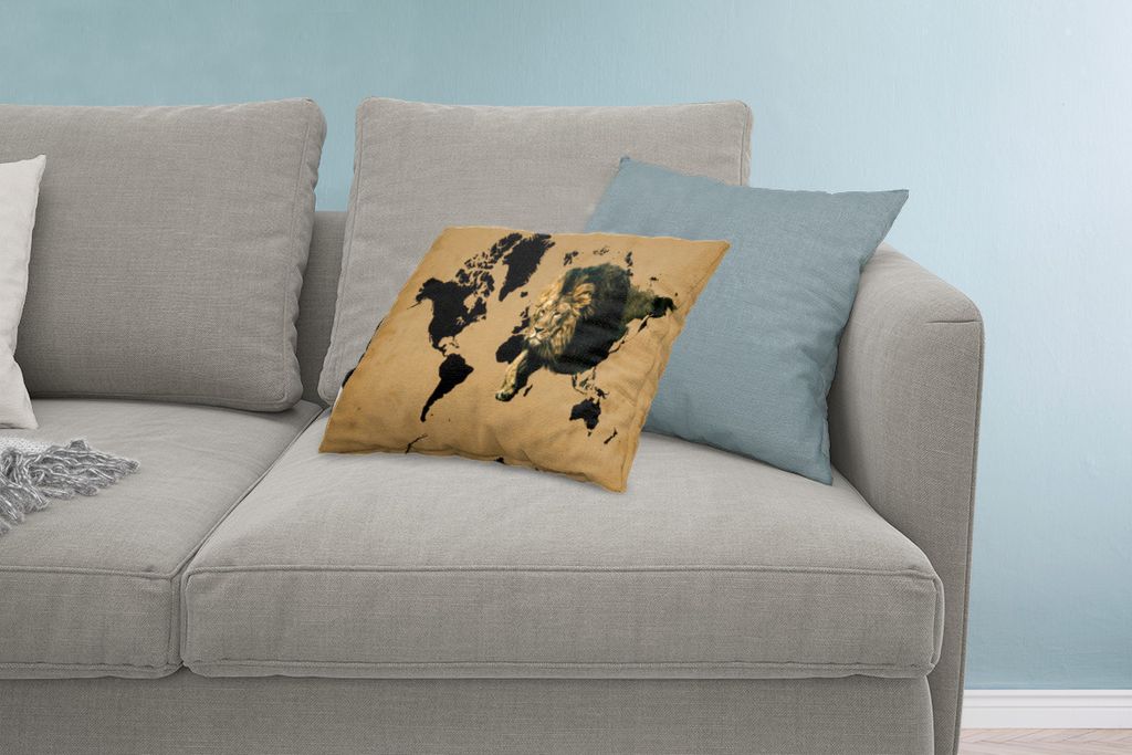 MuchoWow Zierkissen Sofakissen Wohnzimmer Dekokissen 60x40 cm Weltkarte - Braun - Löwe - Kopfkissen - Polster mit Foto