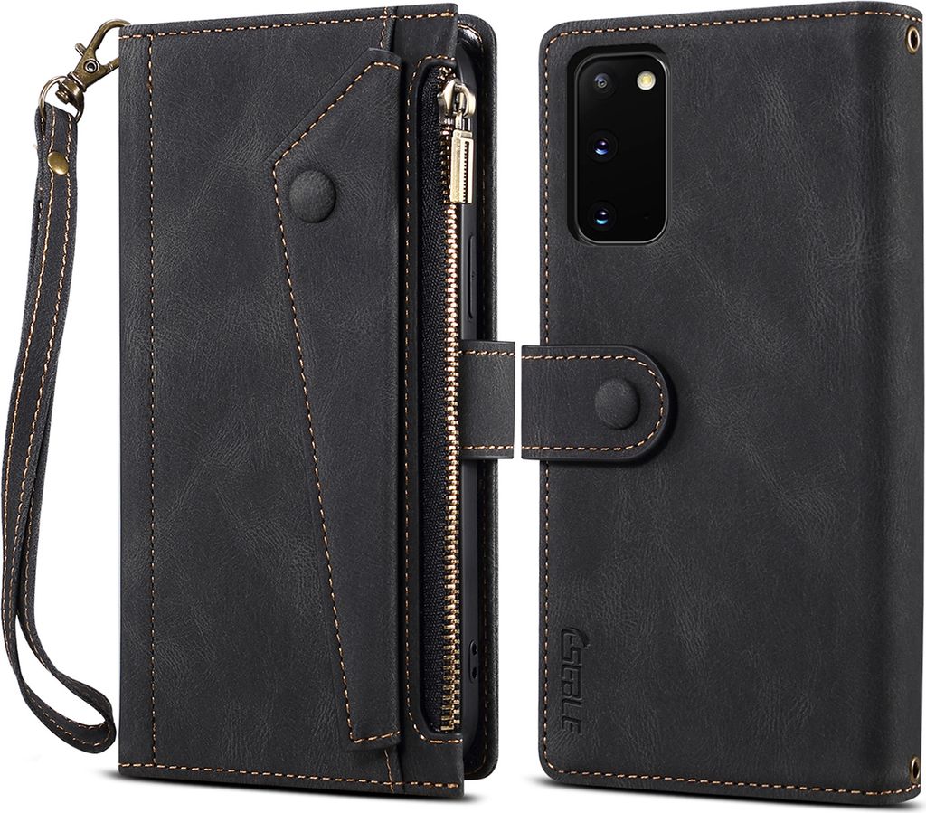 A black leather wallet case for a Samsung Galaxy S20 phone is shown open, revealing the phone slot and card slots, and closed, showing the exterior with a strap and zipper.