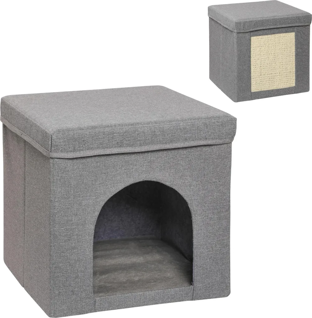 Maison pour chats en bois gris avec griffoir intégré et porte - 110 cm
