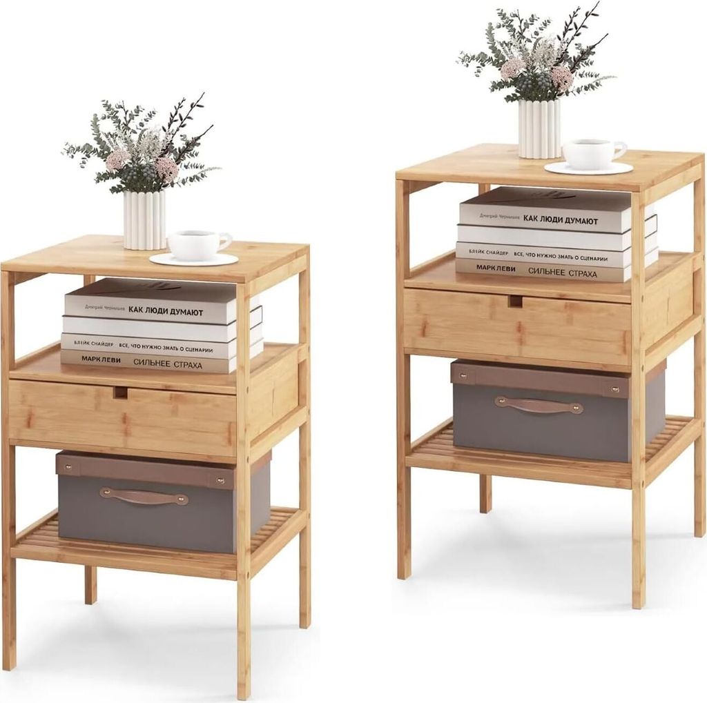 Two identical bamboo nightstands are shown against a white background. Each nightstand has a top surface with a vase of flowers and a cup of coffee, a shelf with books, a drawer, and a storage box on the bottom shelf.
