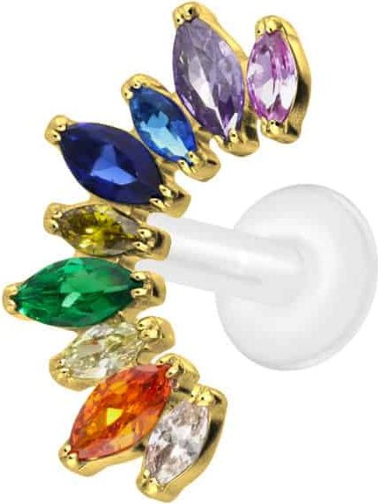 Ohrpiercing, Nasenpiercing PTFE Labret mit Innengewinde + Titan-Aufsatz BUNTER KRISTALLBOGEN Gold Stablänge: 7mm | Stabstärke: 1,6mm