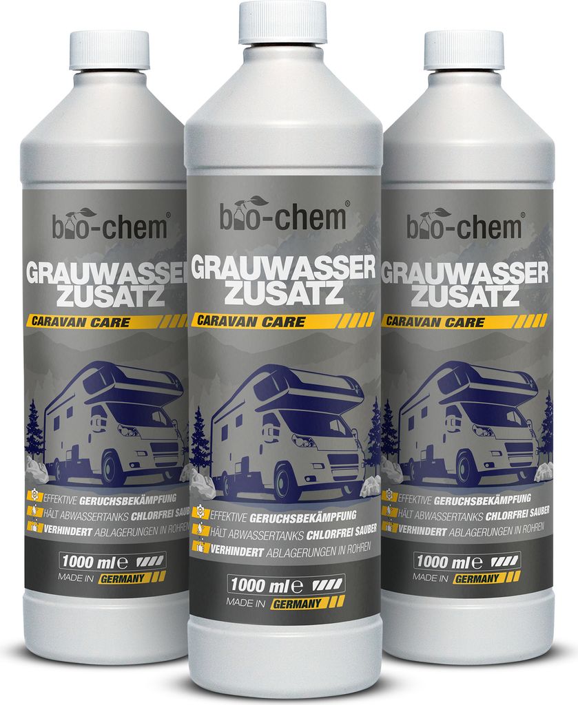 bio-chem Grauwassertank-Zusatz - 3X 1000 ml Konzentrat - Tank-Reiniger für Schmutzwasser-, Grauwasser- und Abwasser-Tank von Wohnmobil, Wohnwagen ...