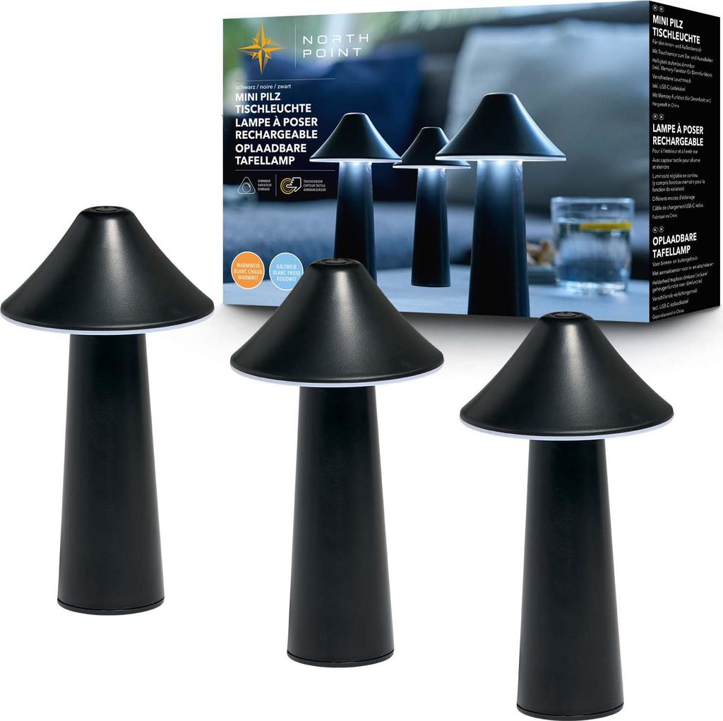 Northpoint LED Tischleuchte 3er-Set dimmbar Innen und Außen USB CCT Farbwechsel Zelt schwarz