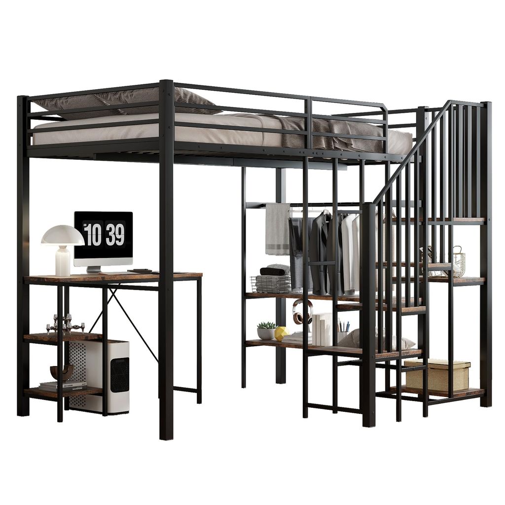 Hochbett mit Schreibtisch und Regal, 120x200 cm, Kinderbett mit Rausfallschutz und Treppe, Metallbett