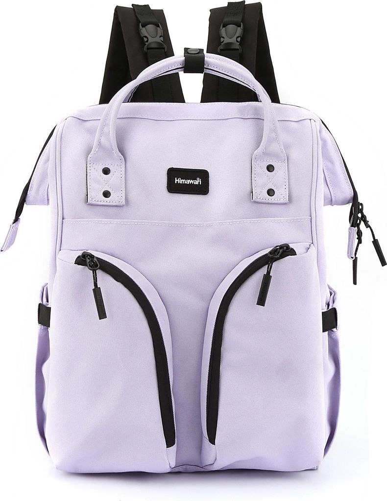 Lila Wickelrucksack 15L, 40x25x15 cm, wasserdicht, 12 Fächer, Thermotaschen, Rückzugriff, Kinderwagenbefestigung