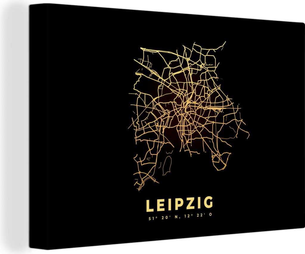 OneMillionCanvasses - Leinwandbilder - 150x100 cm, Leipzig - Gold - Karte - Stadtplan, Wandbilder Kunstdruck Wanddekoration - Foto auf Leinwand -...