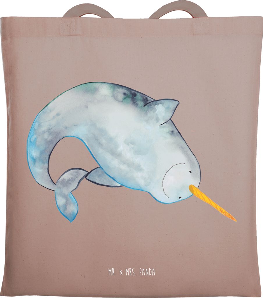 Mr. & Mrs. Panda Tote Bag Narwal - Braun Pastell - Geschenk, Schultasche, Tasche, Einkaufstasche, dokumententasche, Kinderzimmer, Hausfrau, Meer, A...