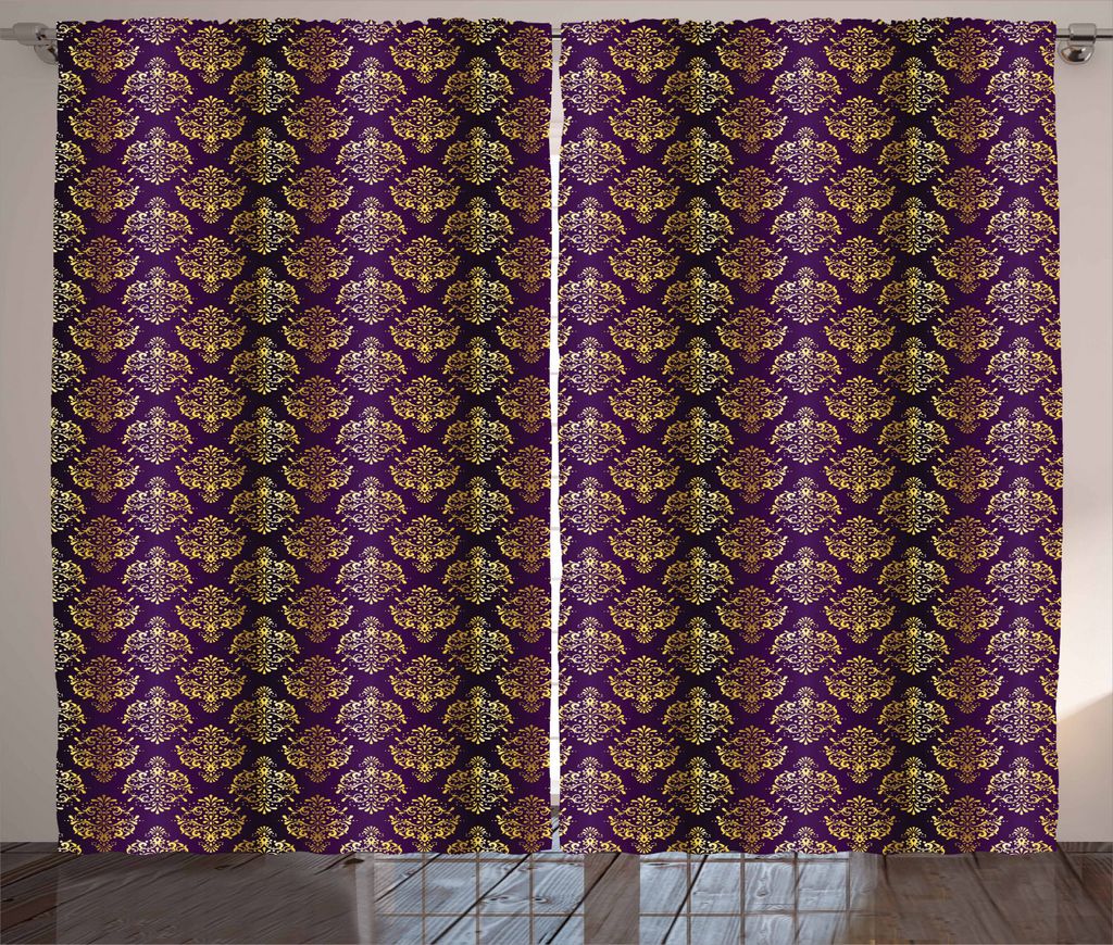 ABAKUHAUS Gelbes Damast Rustikaler Vorhang, Orientalischer Blatt-Punkt, Wohnzimmer Universalband Gardinen mit Schlaufen und Haken, 280 x 225 cm, Du...