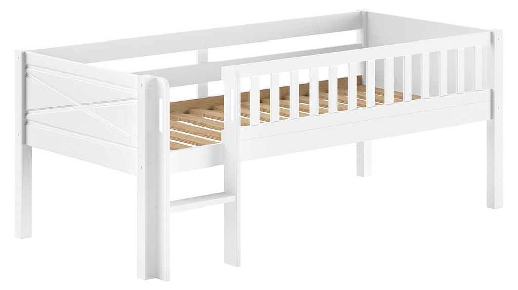 Spielbett 90x200 Karyl Massivholz Kiefer weiß mit Stauraum