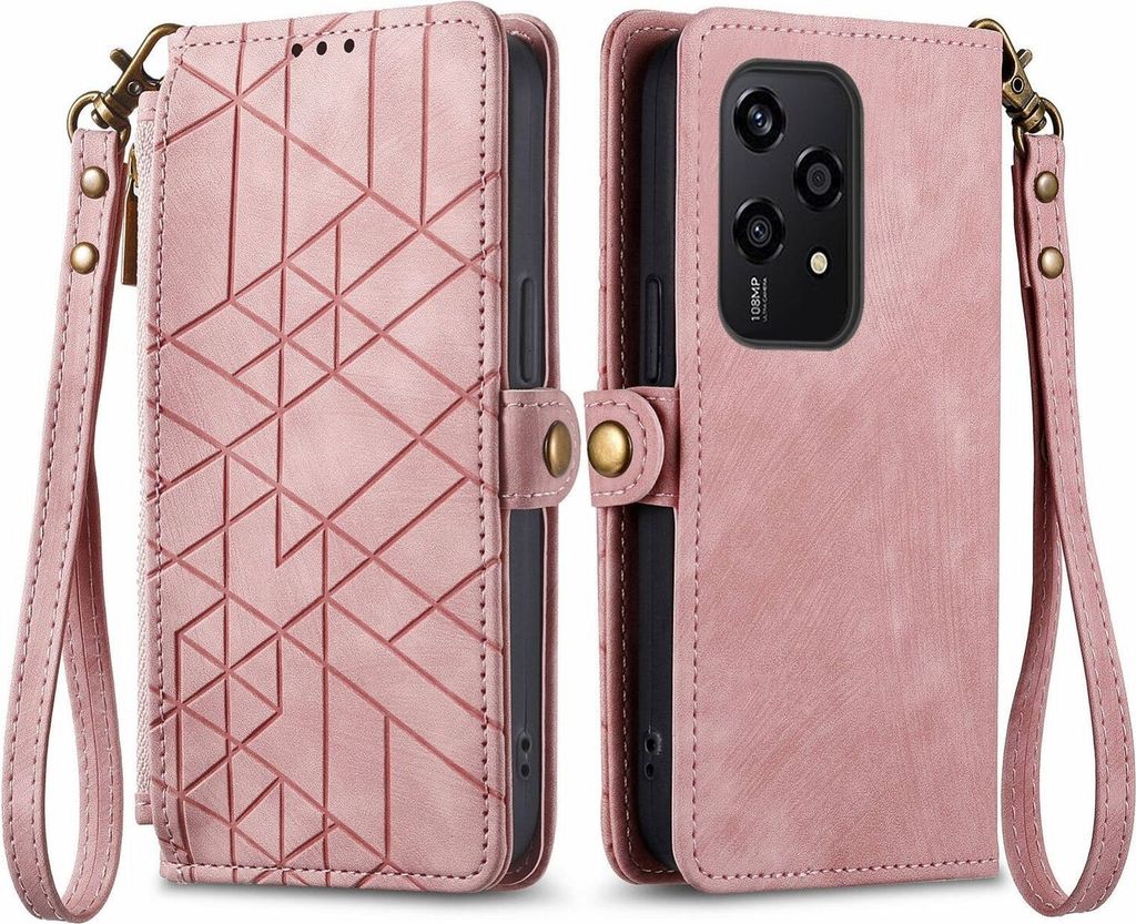 Für Honor 200 Lite Kunstleder Zipper Wallet Tasche mit Schlaufe Schutz Hülle Case Cover Rosa