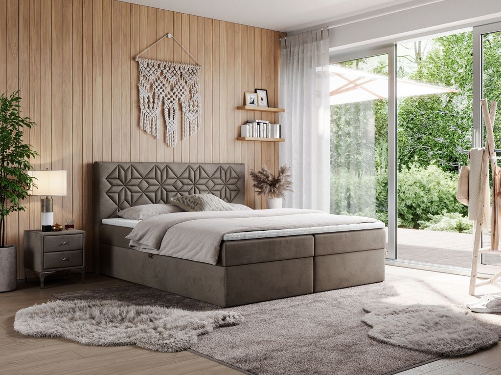 MKS MEBLE Boxspringbett 200x200 mit Matratze H3 und Bettkasten, Doppelbett Bett mit Stauraum und Topper, Polsterbett 200x200 mit Kopfteil - Leila -...