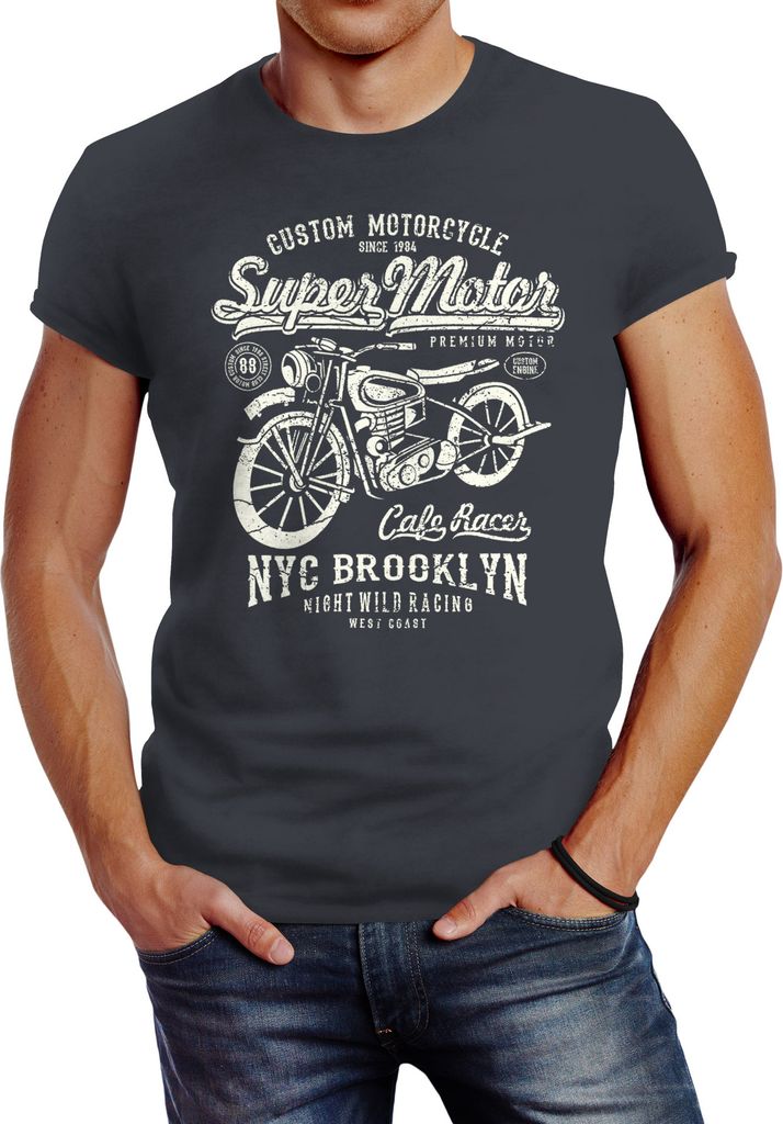 Herren T-Shirt Biker Shirt Motorrad Super Motor Retro Vintage Slim Fit Neverless dunkelgrau S