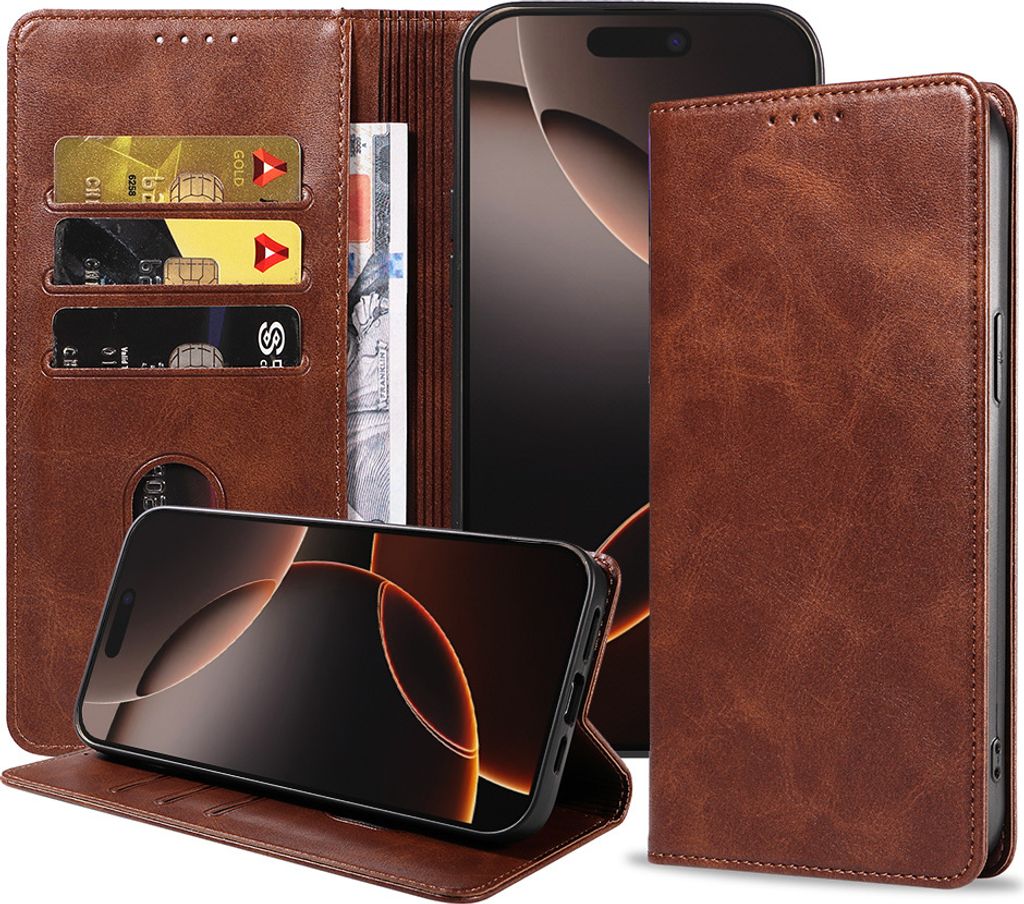 Smartphonica Handytasche passend für iPhone 16 Pro Max Kunstleder mit Magnetverschluss und Kartenhalter Buchhülle mit Klappe - Dunkelbraun