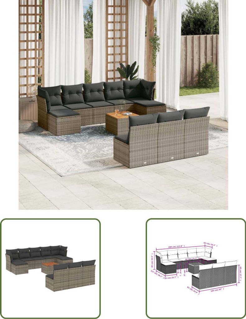 The Living Store 11-tlg. Garten-Sofagarnitur mit Kissen Grau Poly Rattan