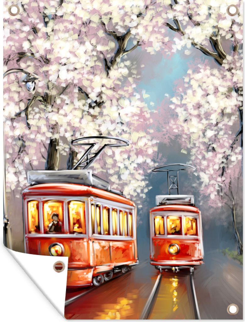 MuchoWow 90x120 cm Outdoor-Poster Gartendeko Sichtschutz Garten Poster für den Garten Gemälde - Ölgemälde - Straßenbahn - Blühender Baum