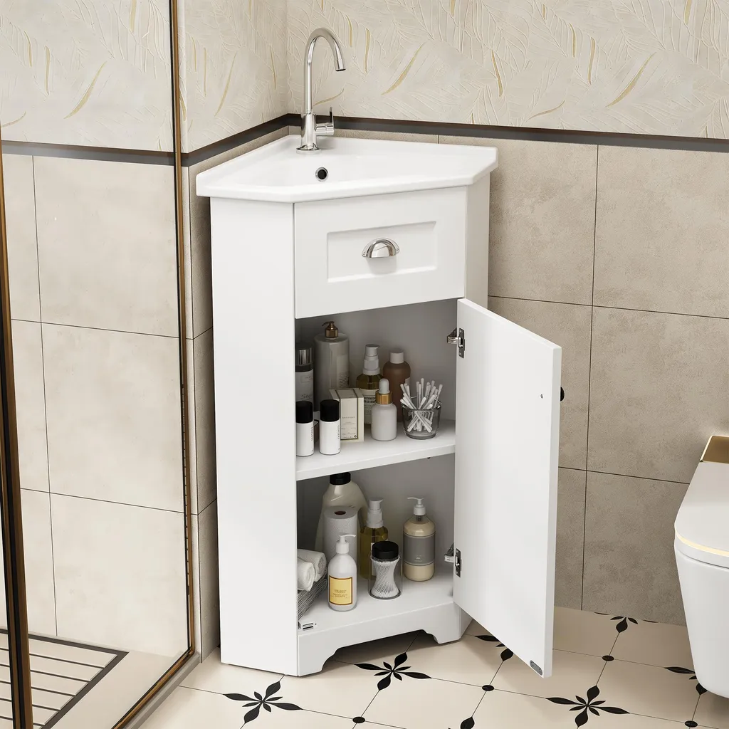 Armoire de rangement salle de bain avec vasque intégrée en céramique blanche