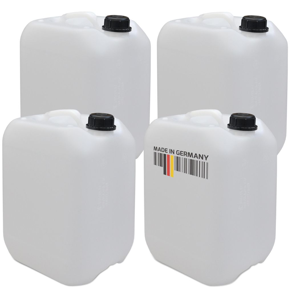 Four white plastic water canisters with black caps are arranged in a group on a white background. One canister has a barcode and the text 'MADE IN GERMANY' with the German flag colors.