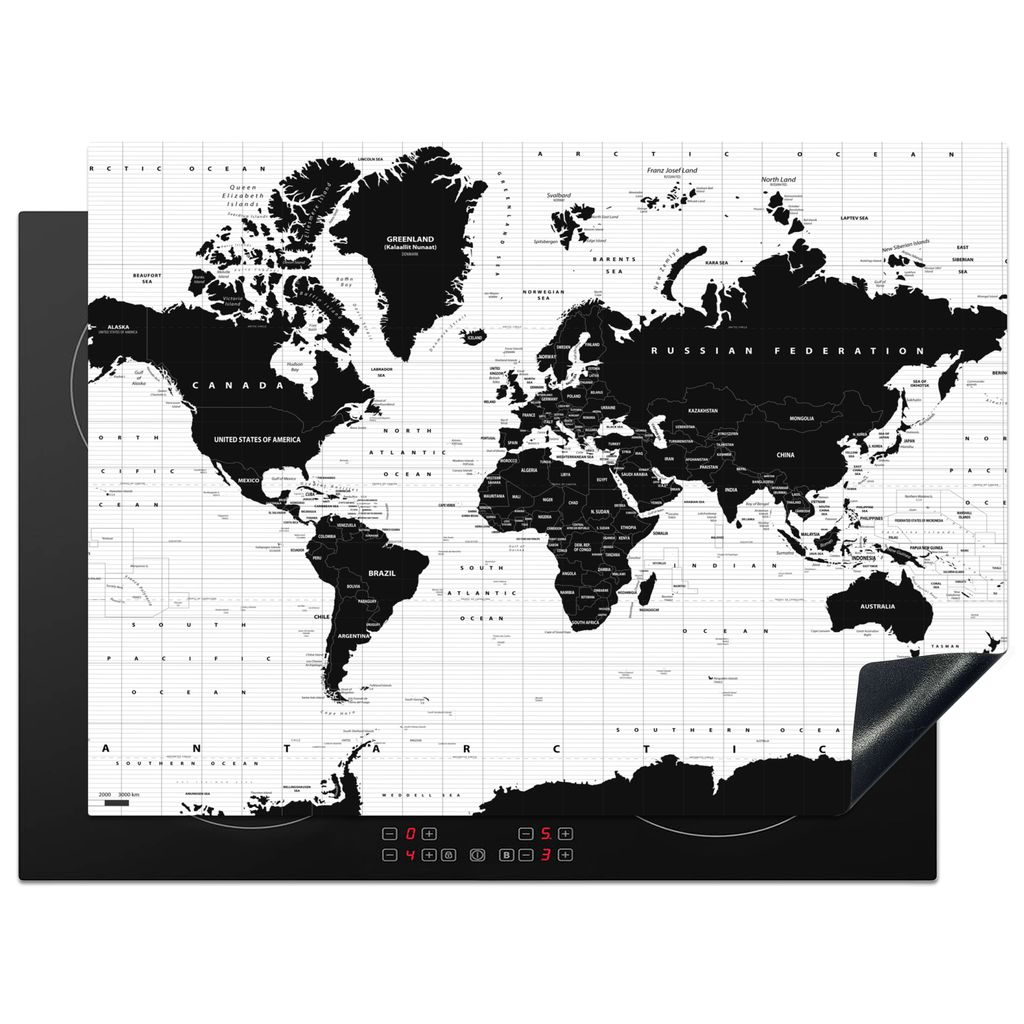 KitchenYeah Herdabdeckplatte Weltkarte - Schwarz - Weiß - Atlas - Erde - Bildung , 71x52cm, Küche Deko, Glaskeramikkochfeld Herdabdeckung, Abde...