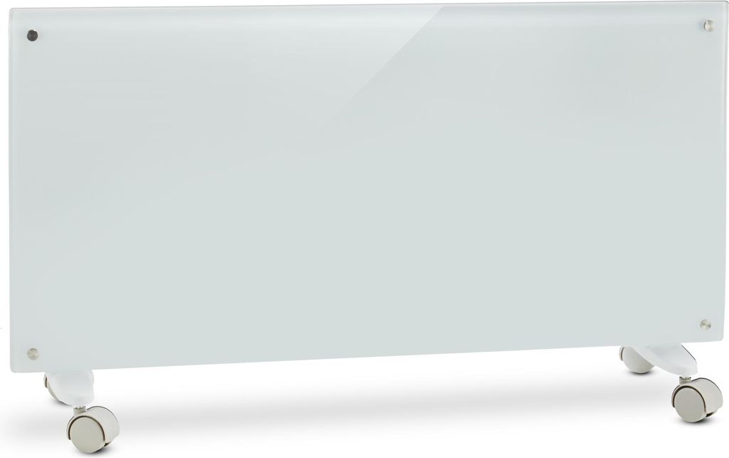 A white glass panel electric heater with wheels.