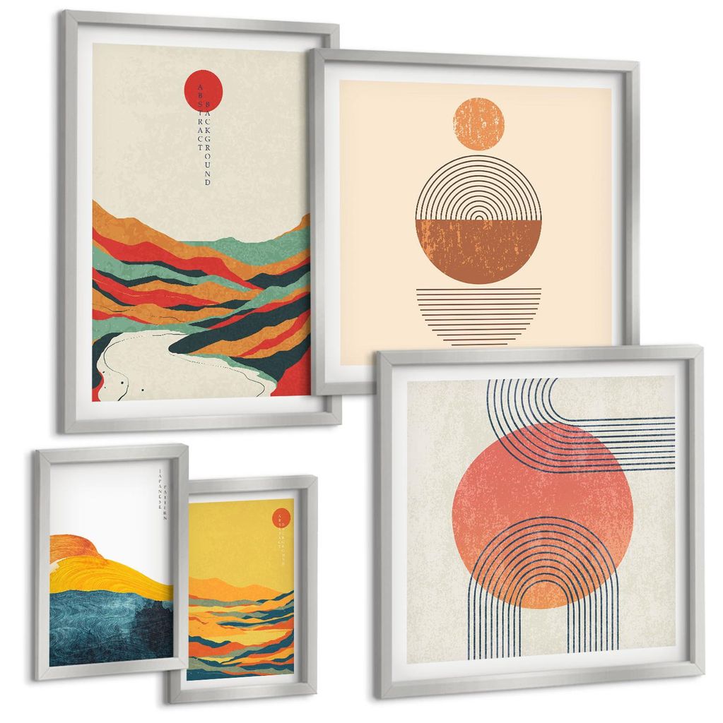 Bilder Set 5-teilig im silbergerahmten Rahmen – Wandbilder 5 Stück – gerahmte Poster für Wohnzimmer, Schlafzimmer und Flur – 50x50 cm - 40x...