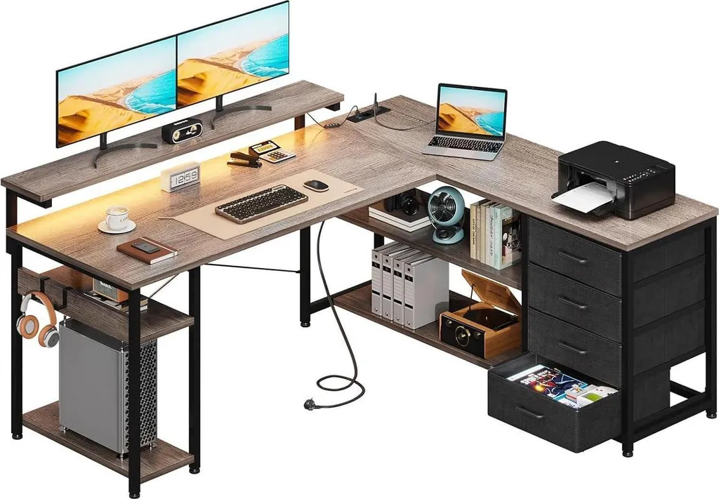 Bureau d'angle gaming avec LED et tiroirs de rangement ODK