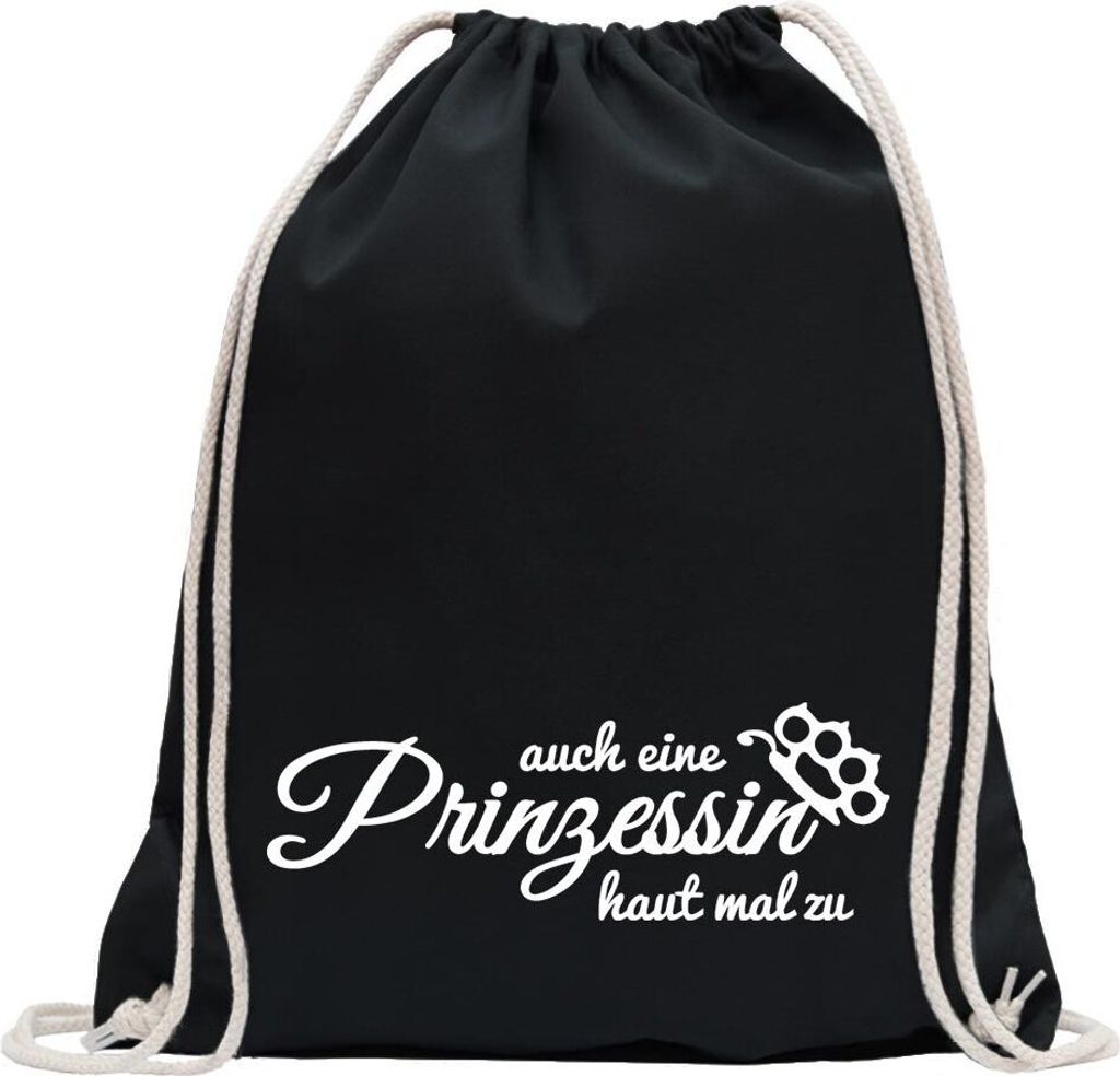 Kiwistar - Turnbeutel - schwarz - Auch eine Prinzessin haut - Fun Rucksack Sport Beutel Gymsack Baumwolle mit Ziehgurt