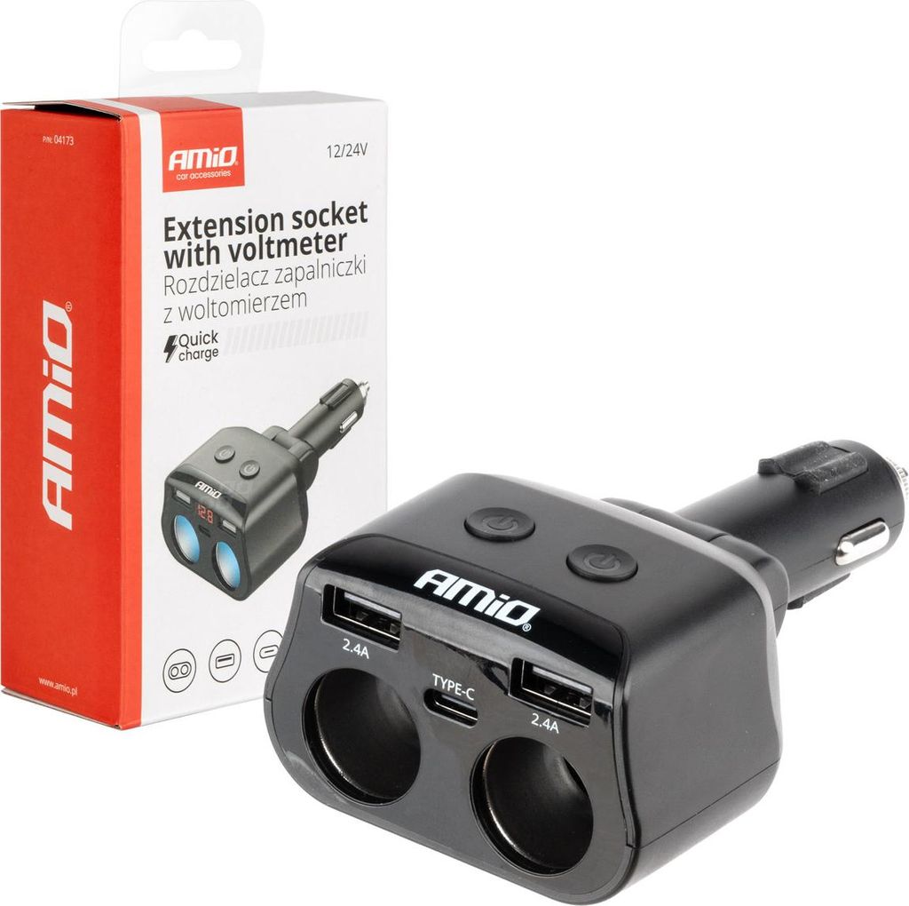 Mehrfachadapter Zigarettenanzünder 2x USB 1x USB-C Voltmeter 12/24V AMIO-04173