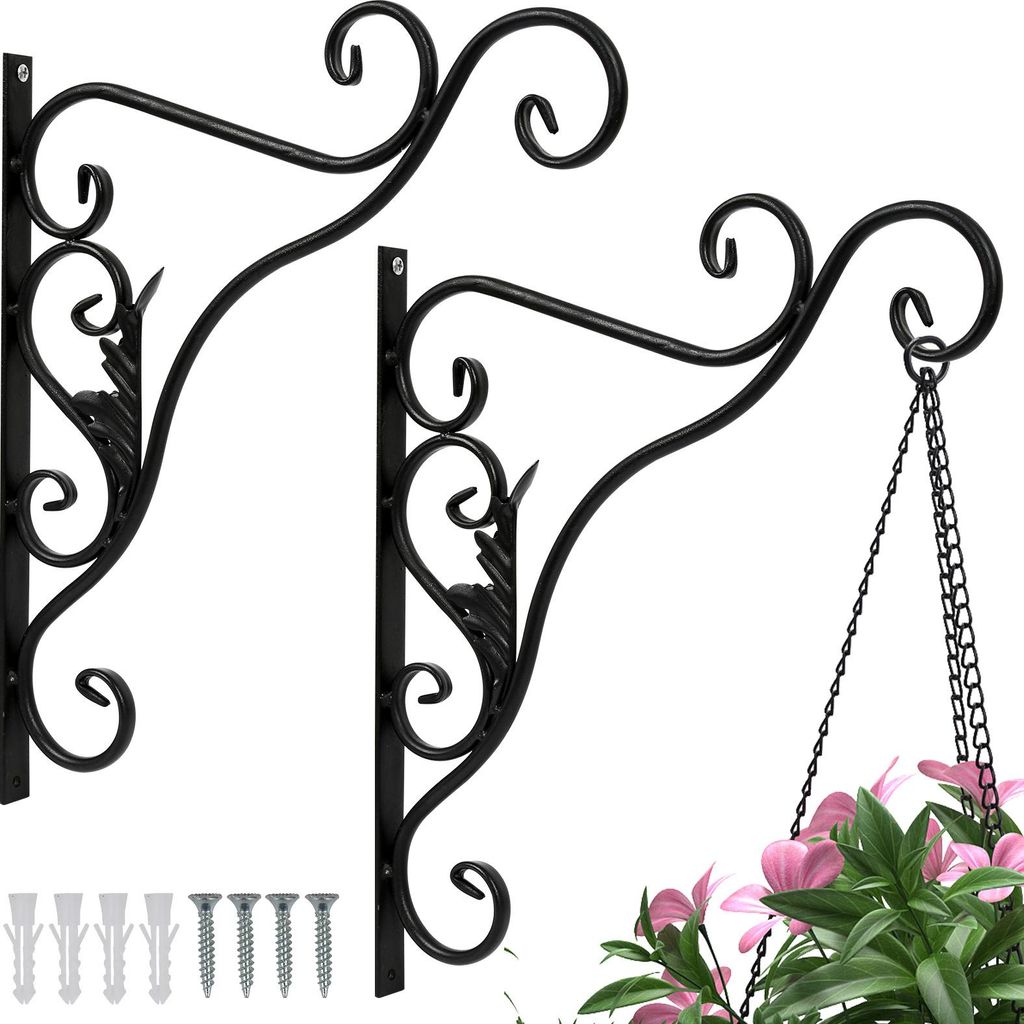 Faziango Blumenhaken 2er Set mit Blättern, Metall Schwarz Wandhalterung für Pflanzen und Gartendeko