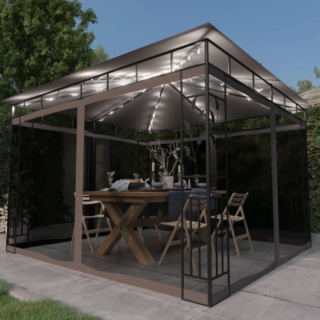 The Living Store Pavillon mit Moskitonetz & LED-Lichterkette 3x3x2,73 m Taupe