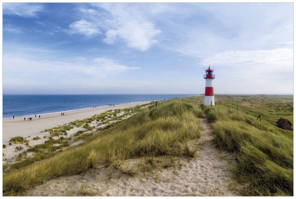 Wallario Wandbild aus Acryl, 90 x 60 cm, freischwebende Optik - Am Strand von Sylt Leuchtturm auf der Düne Panorama